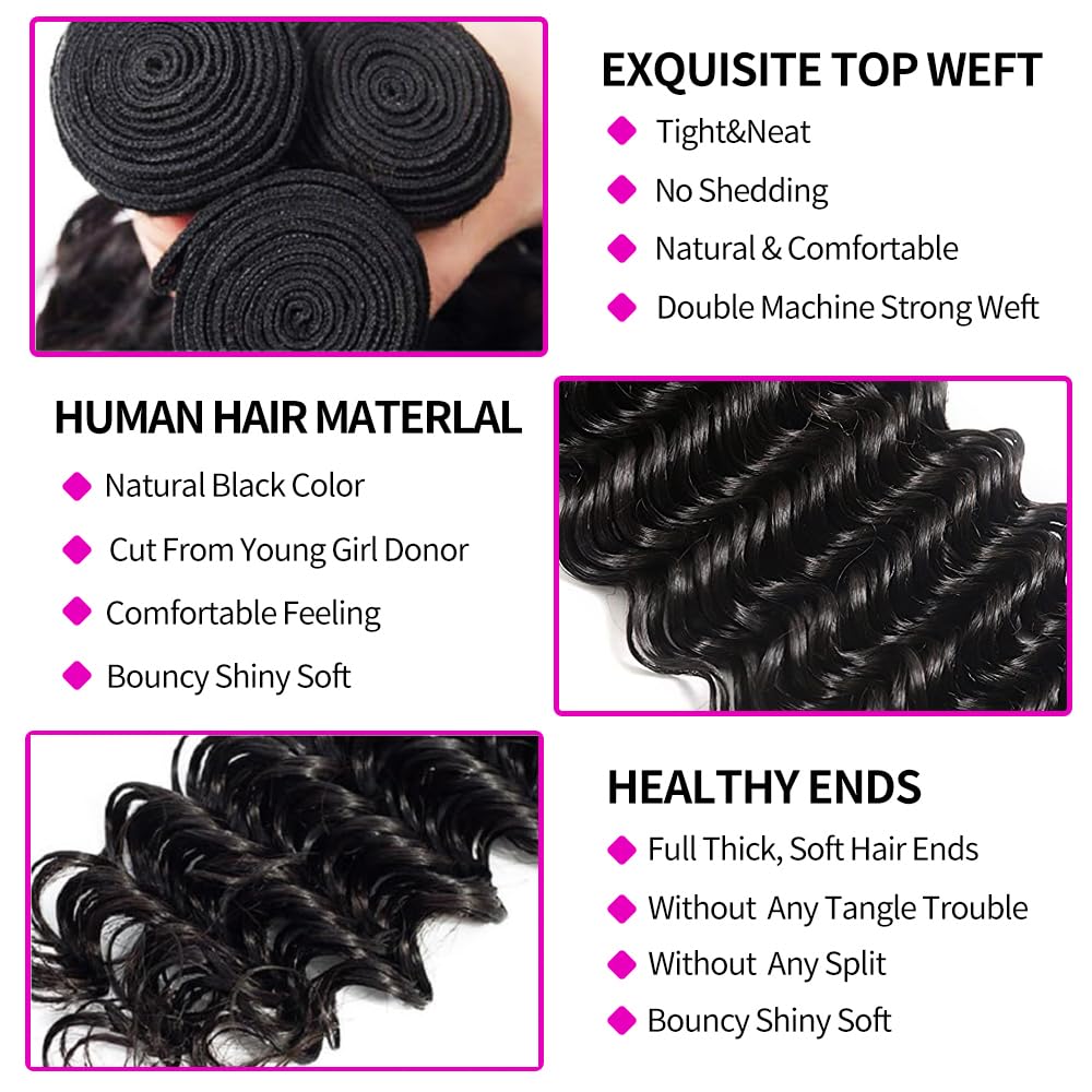 Extensions de cheveux humains  - Deep Wave 3 Bundles With Closure avis et prix